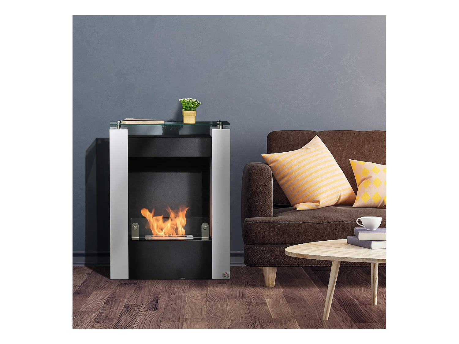 Cheminée bioéthanol design contemporain - étagère, pare-feu verre trempé 6 mm - brûleur 1,5 L - contrôle de flamme et manche inclus - acier noir blanc