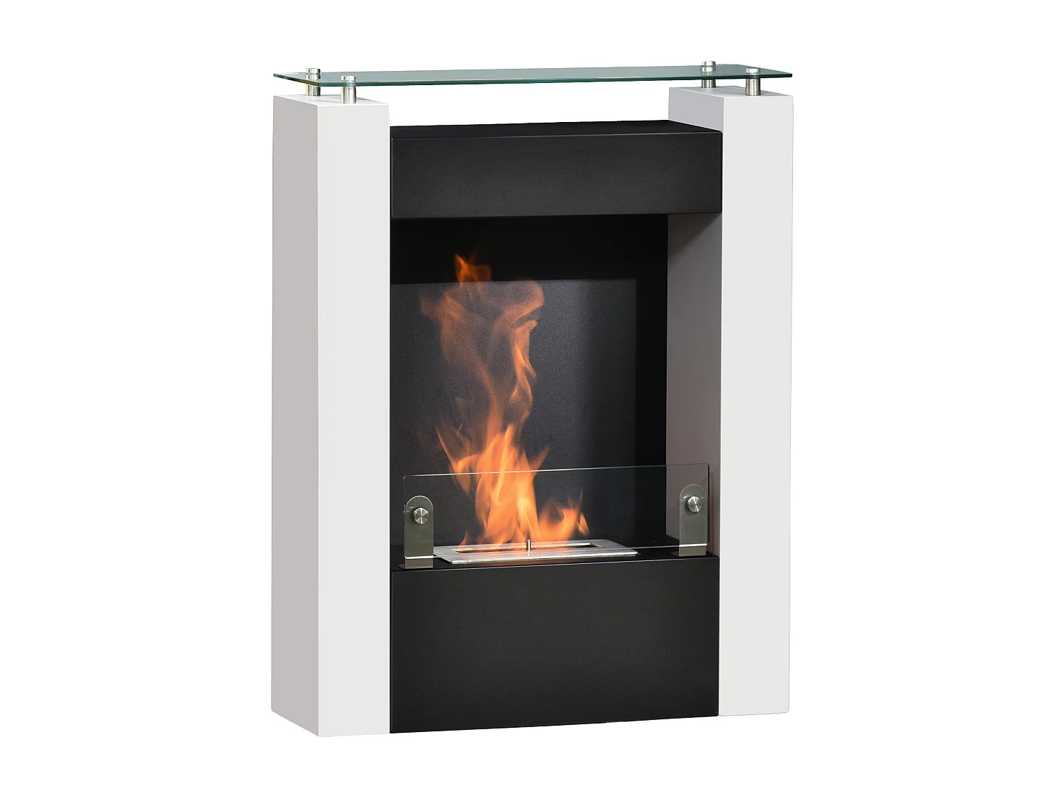 Cheminée bioéthanol design contemporain - étagère, pare-feu verre trempé 6 mm - brûleur 0,9 L - contrôle de flamme et manche inclus - acier noir blanc