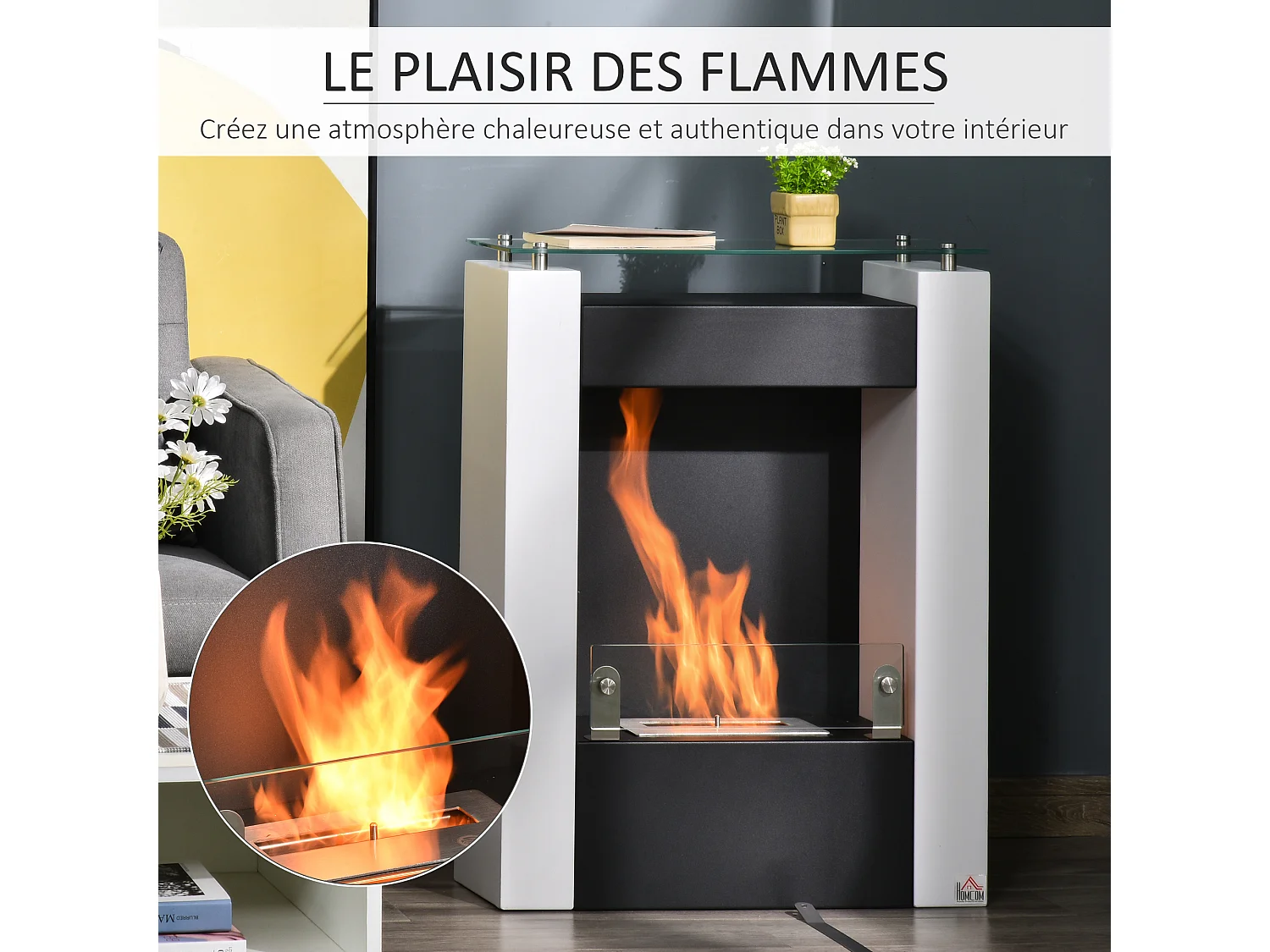 Cheminée bioéthanol design contemporain - étagère, pare-feu verre trempé 6 mm - brûleur 0,9 L - contrôle de flamme et manche inclus - acier noir blanc