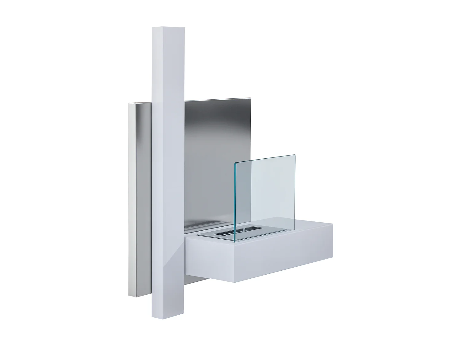 Cheminée bioéthanol murale design Bauhaus 1 brûleur 1,5 L 75L x 22l x 63H cm couverture 20-25 m² acier blanc inox. brossé