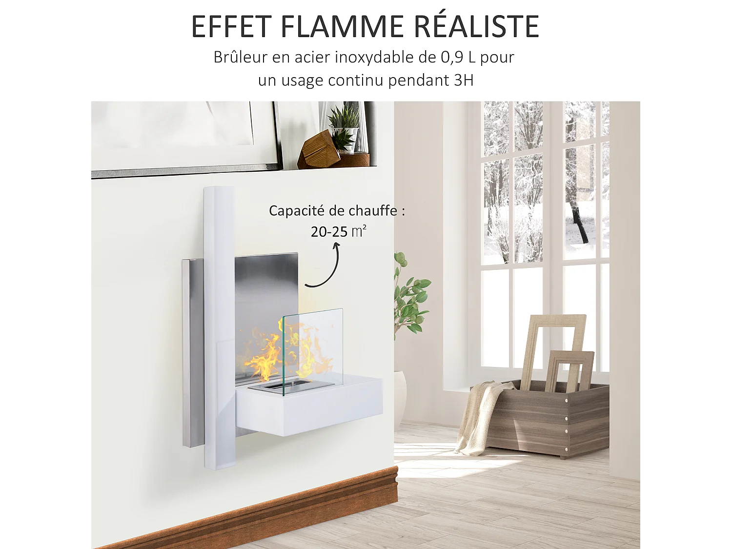 Cheminée bioéthanol murale design Bauhaus 1 brûleur 1,5 L 75L x 22l x 63H cm couverture 20-25 m² acier blanc inox. brossé