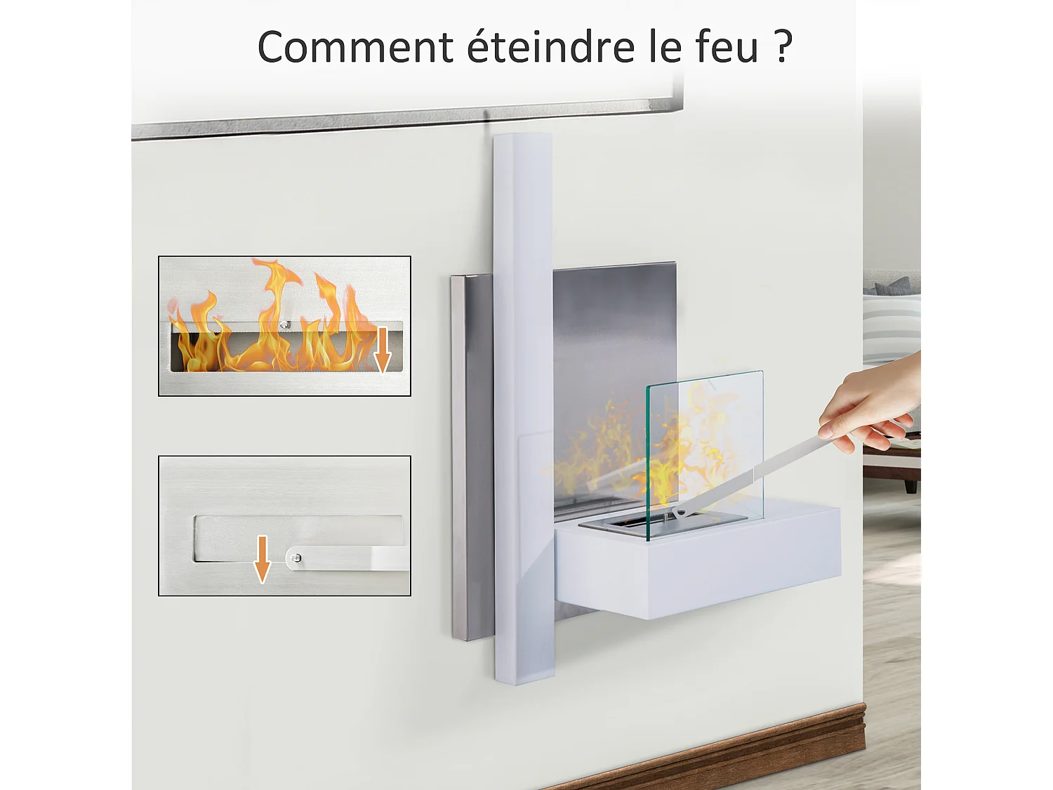 Cheminée bioéthanol murale design Bauhaus 1 brûleur 1,5 L 75L x 22l x 63H cm couverture 20-25 m² acier blanc inox. brossé