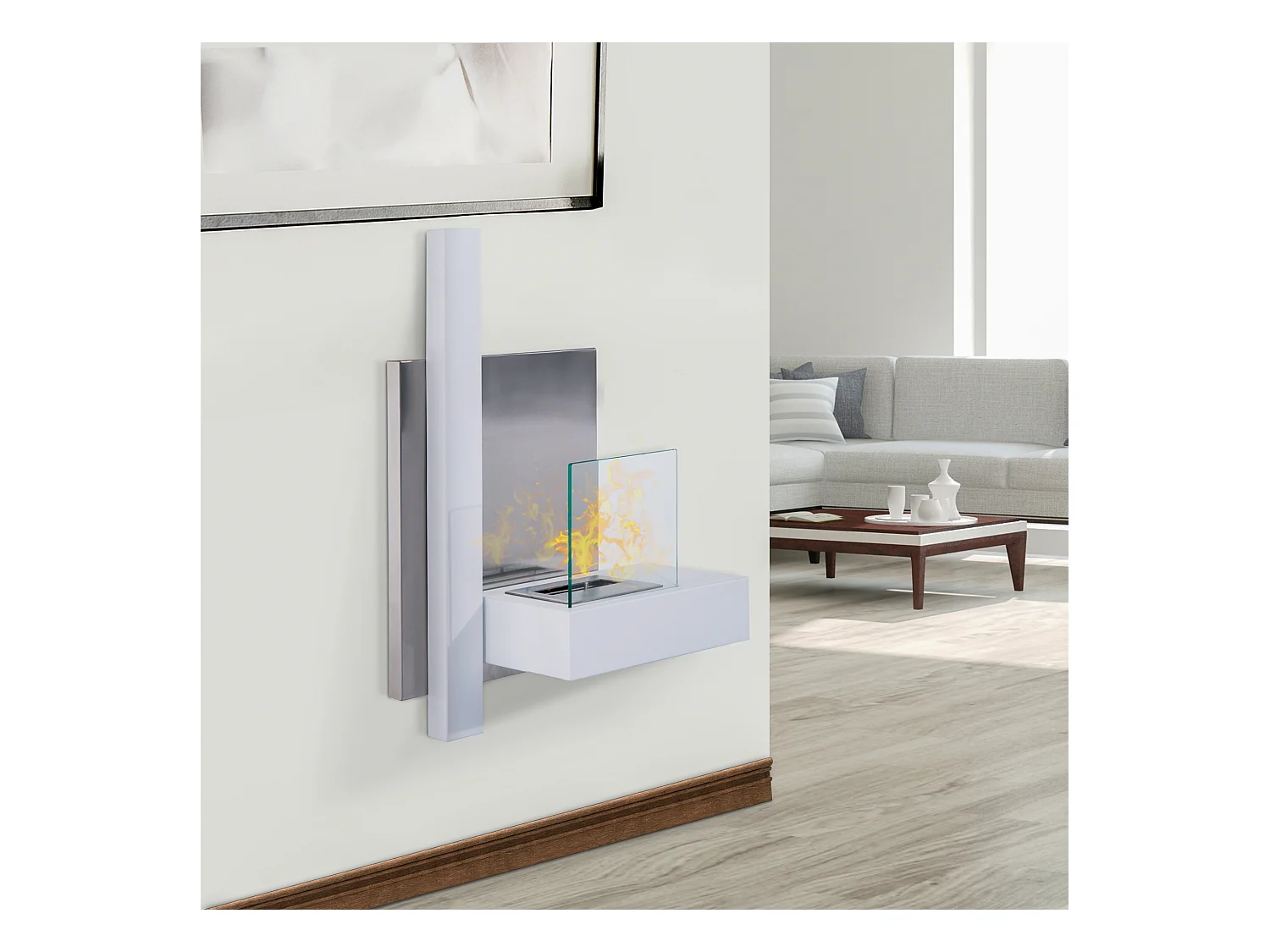 Cheminée bioéthanol murale design Bauhaus 1 brûleur 1,5 L 75L x 22l x 63H cm couverture 20-25 m² acier blanc inox. brossé