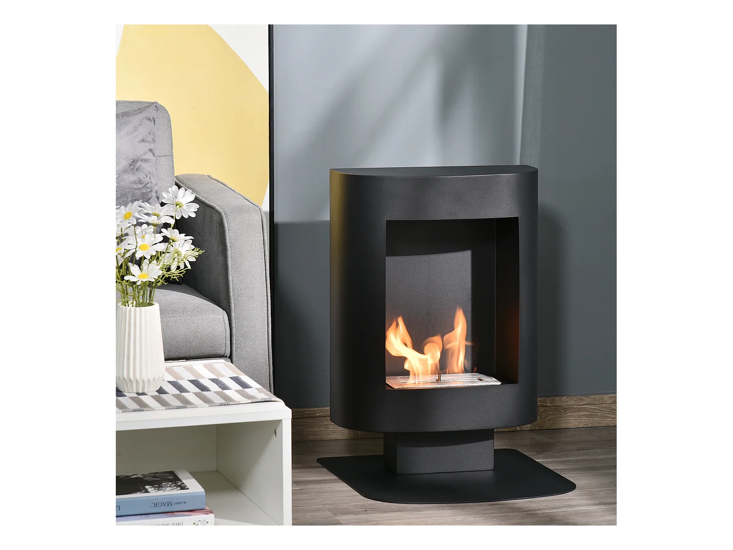 Cheminée bioéthanol sur pied design contemporain - brûleur 1,5 L - contrôle de flamme et manche inclus - acier noir