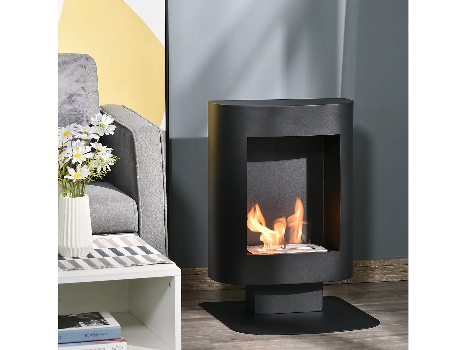 Cheminée bioéthanol sur pied design contemporain - brûleur 1,5 L - contrôle de flamme et manche inclus - acier noir