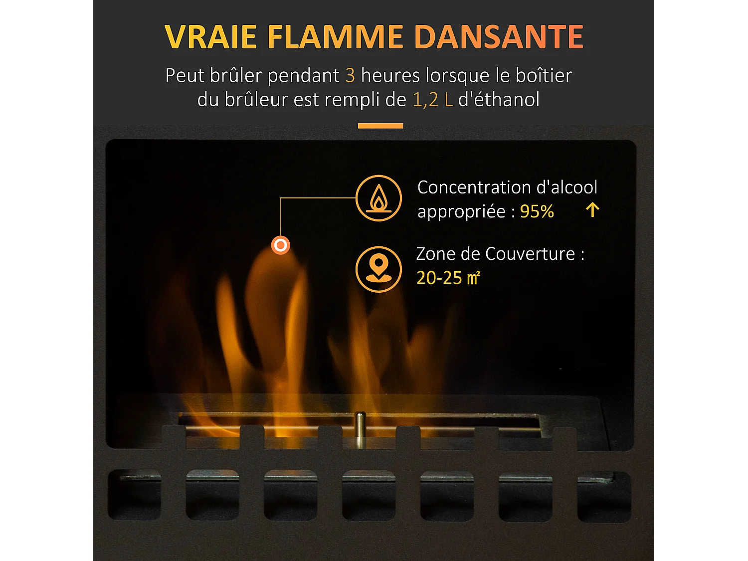 Cheminée bioéthanol sur pieds style néo-rétro poêle 1 brûleur 1,5 L dim. 41L x 25l x 54H cm couverture 20-25 m² noir