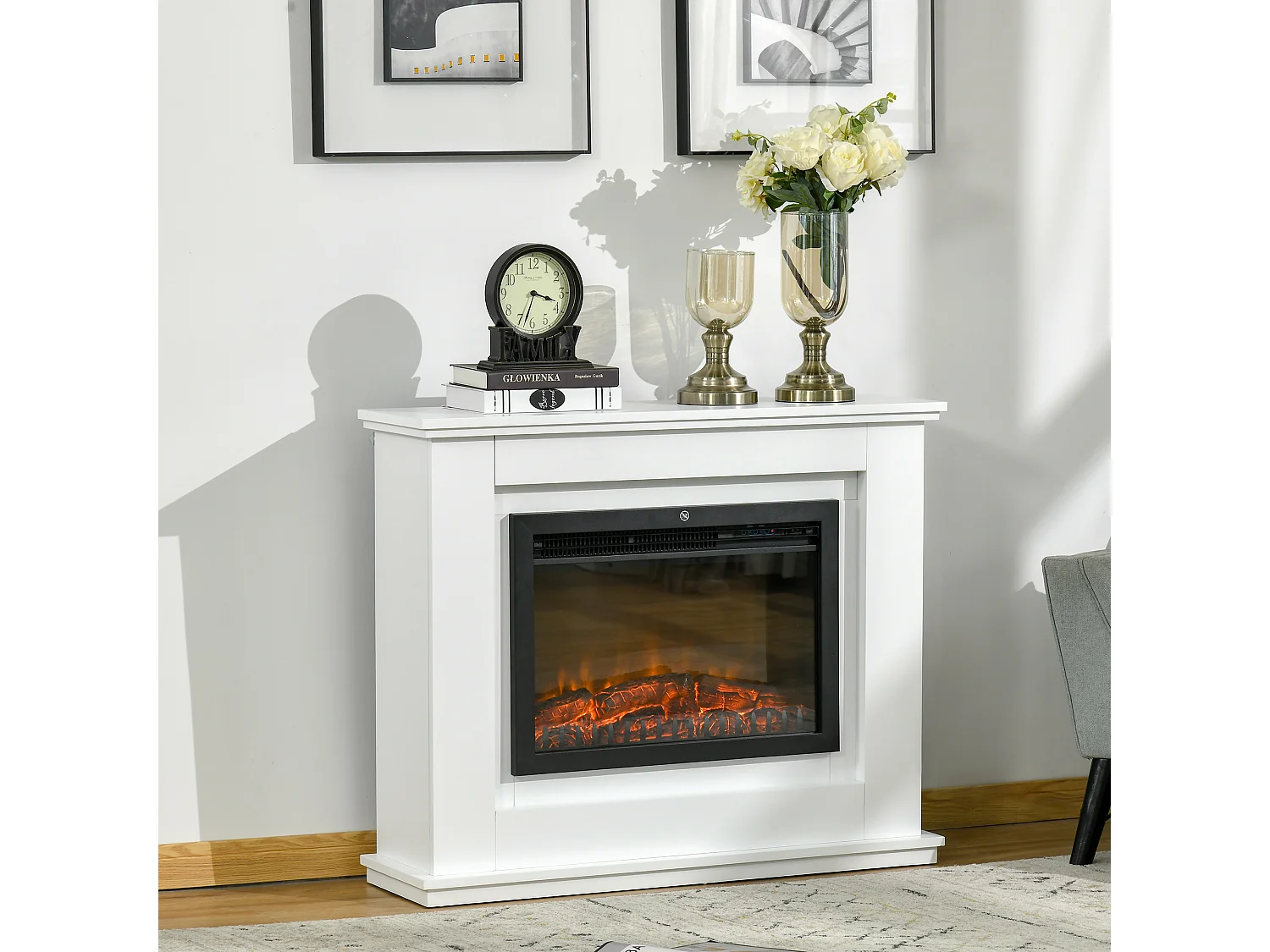 Cheminée électrique grande taille 2000 W  effet flammes LED minuterie température luminosité réglables télécommande fournie blanc