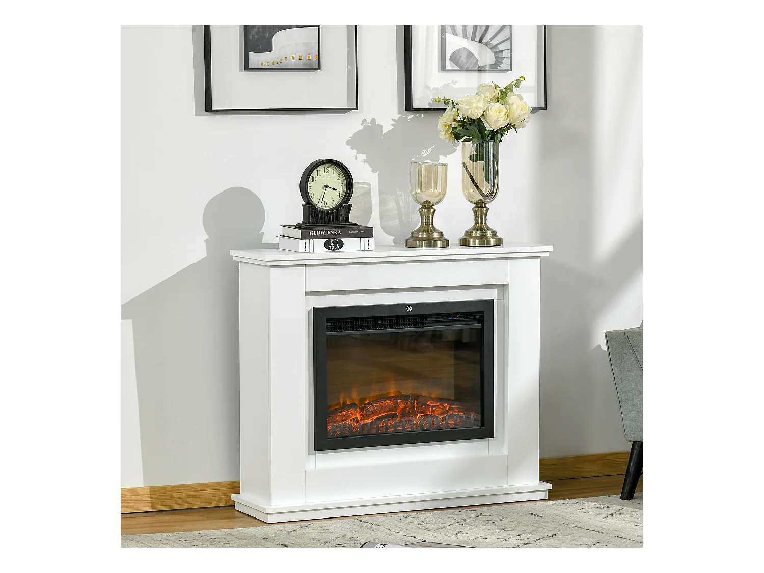 Cheminée électrique grande taille 2000 W  effet flammes LED minuterie température luminosité réglables télécommande fournie blanc