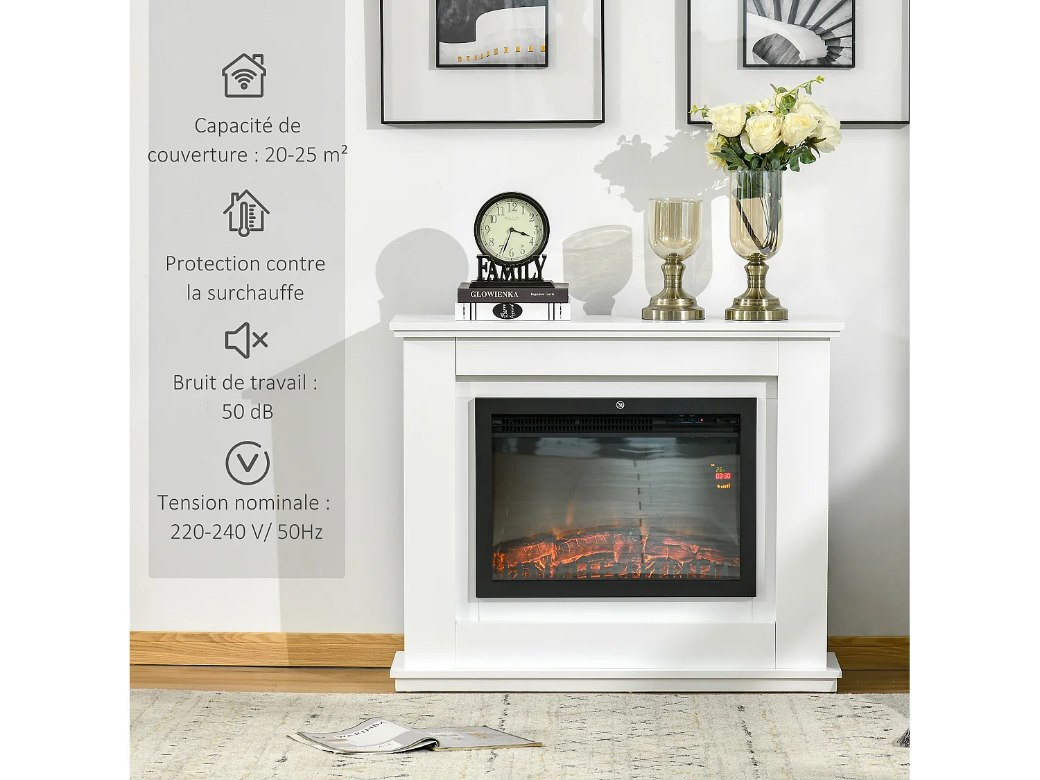 Cheminée électrique grande taille 2000 W  effet flammes LED minuterie température luminosité réglables télécommande fournie blanc