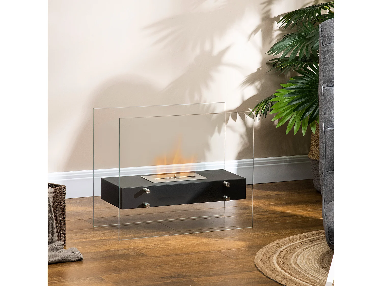 Cheminée à poser bioéthanol en métal et verre trempé avec réservoir 1,5 L couverture 25 m²  - dim. 60L x 26l x 50H cm