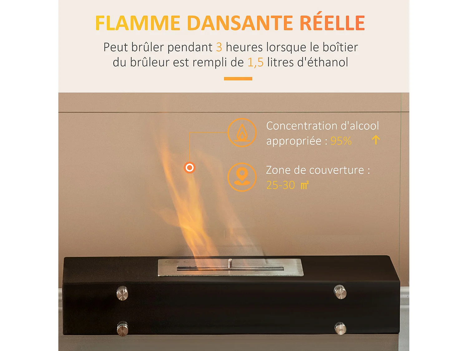 Cheminée à poser bioéthanol en métal et verre trempé avec réservoir 1,5 L couverture 25 m²  - dim. 60L x 26l x 50H cm