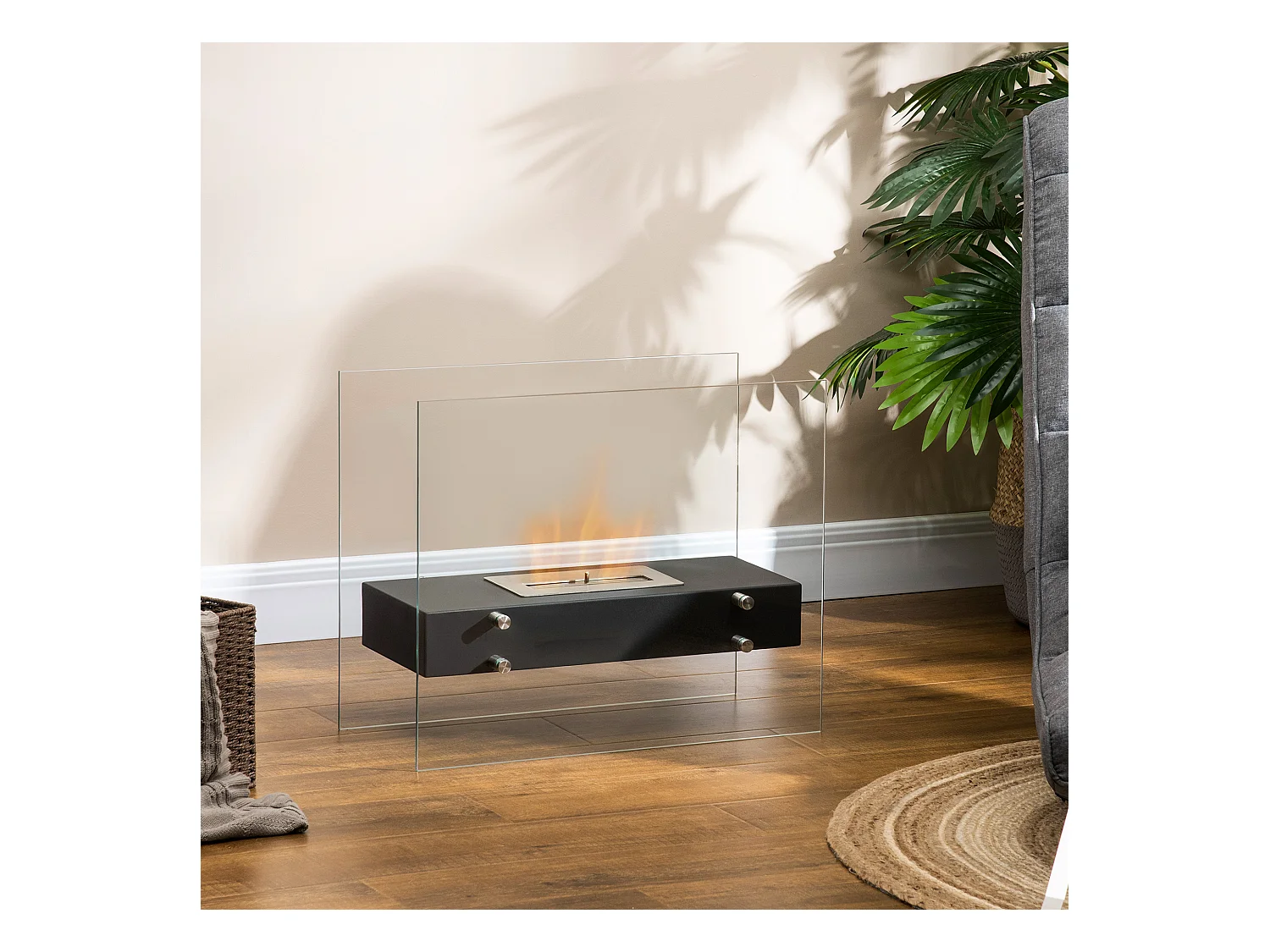 Cheminée à poser bioéthanol en métal et verre trempé avec réservoir 1,5 L couverture 25 m²  - dim. 60L x 26l x 50H cm