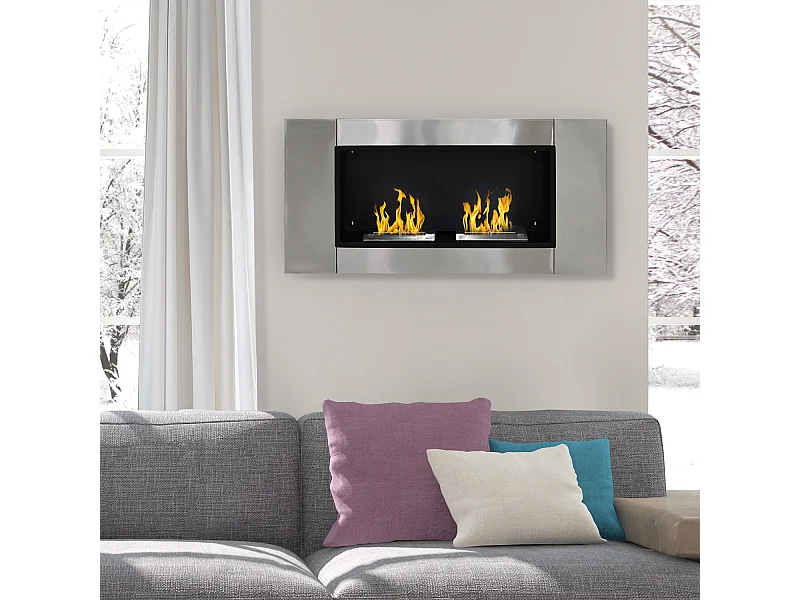 Cheminée bioéthanol murale design Bauhaus 2 brûleurs 3 L couverture 25-30 m² acier inox brossé