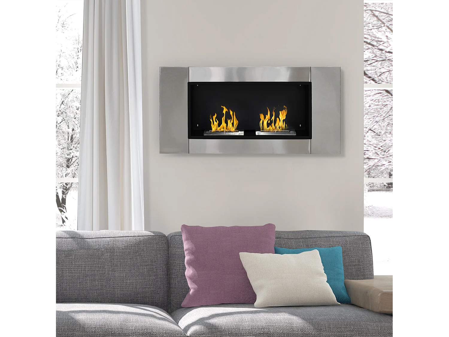 Cheminée bioéthanol murale design Bauhaus 2 brûleurs 3 L couverture 25-30 m² acier inox brossé