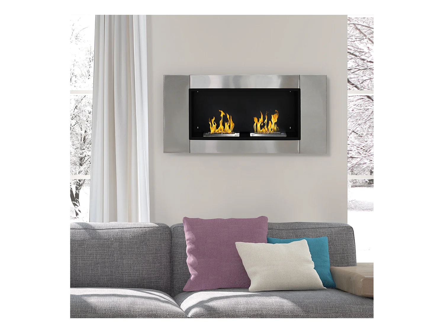 Cheminée bioéthanol murale design Bauhaus 2 brûleurs 3 L couverture 25-30 m² acier inox brossé