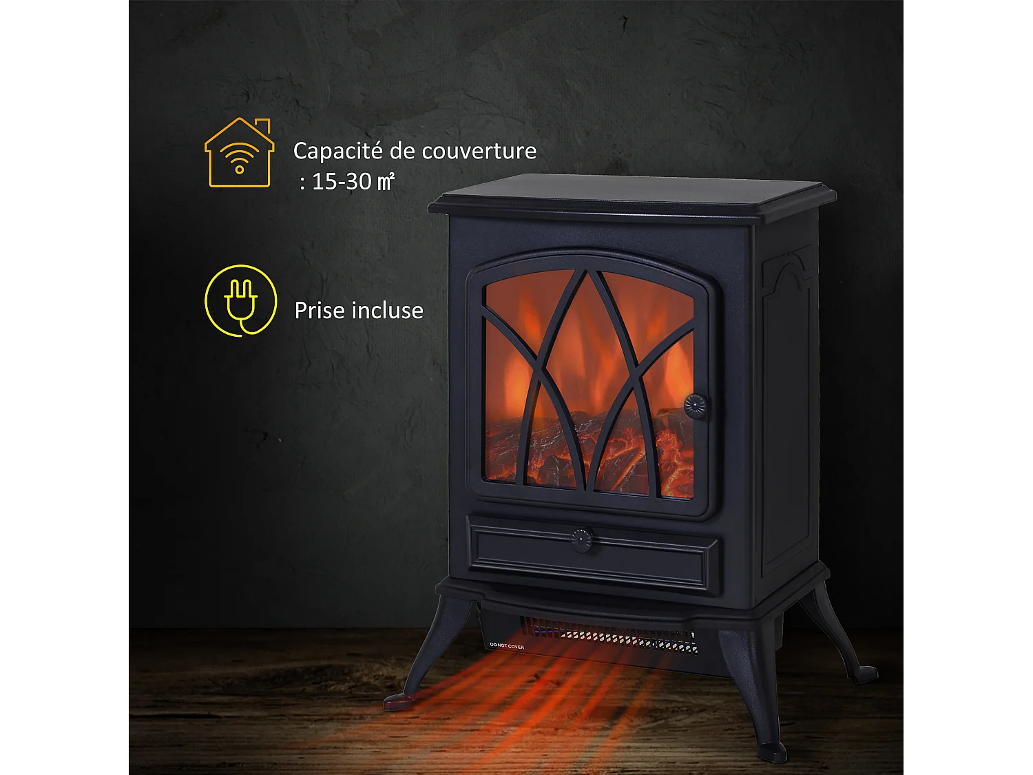 Cheminée électrique poêle style rétro thermostat 1000-2000 W noir