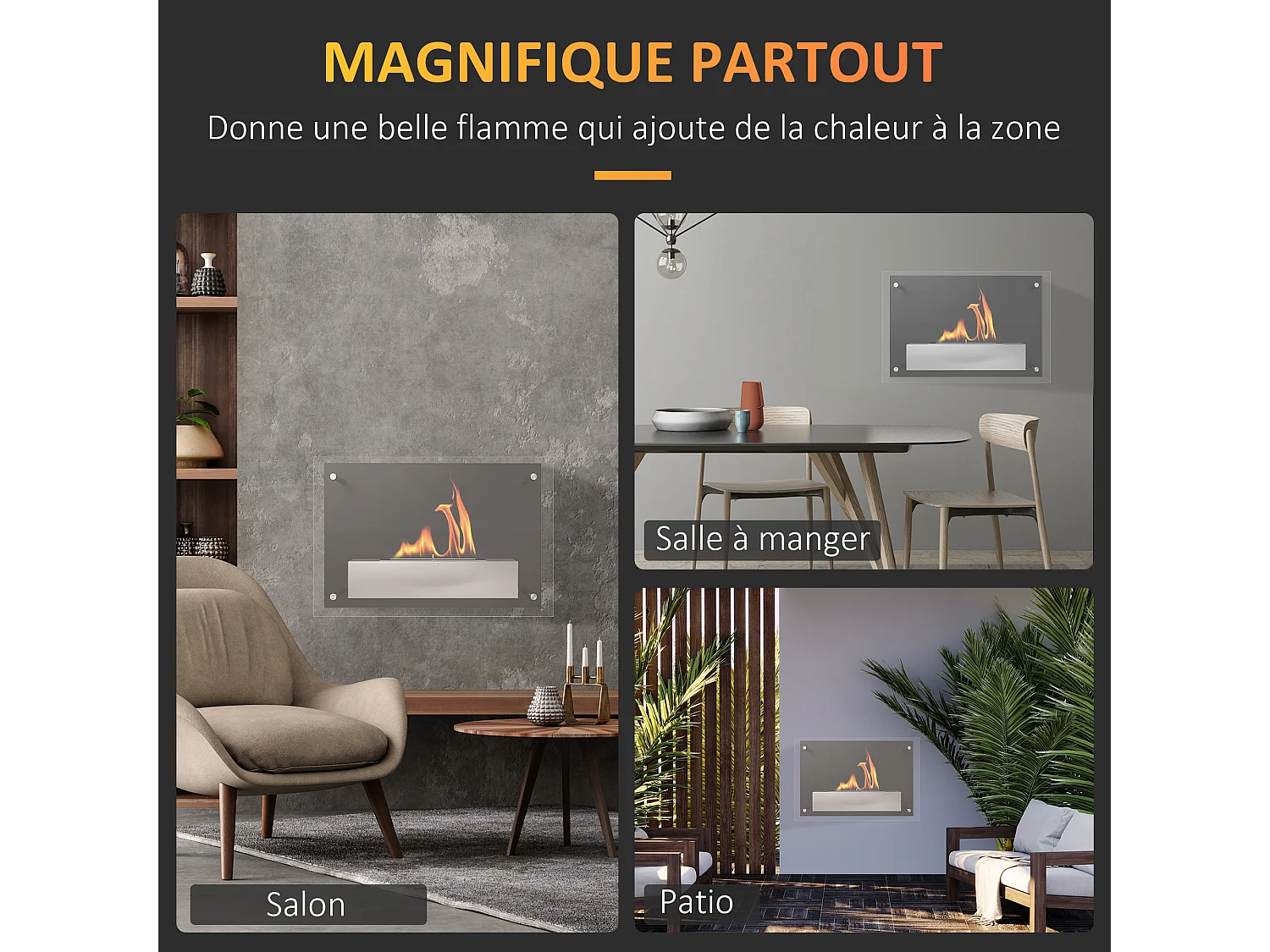 Cheminée bioéthanol murale design contemporain bruleur 0,9 L - couverture 20-25 m² - dim. 60L x 22l x 40H cm