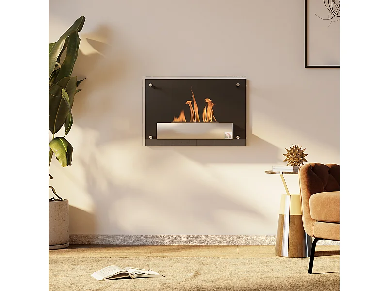 Cheminée bioéthanol murale design contemporain bruleur 0,9 L - couverture 20-25 m² - dim. 60L x 22l x 40H cm