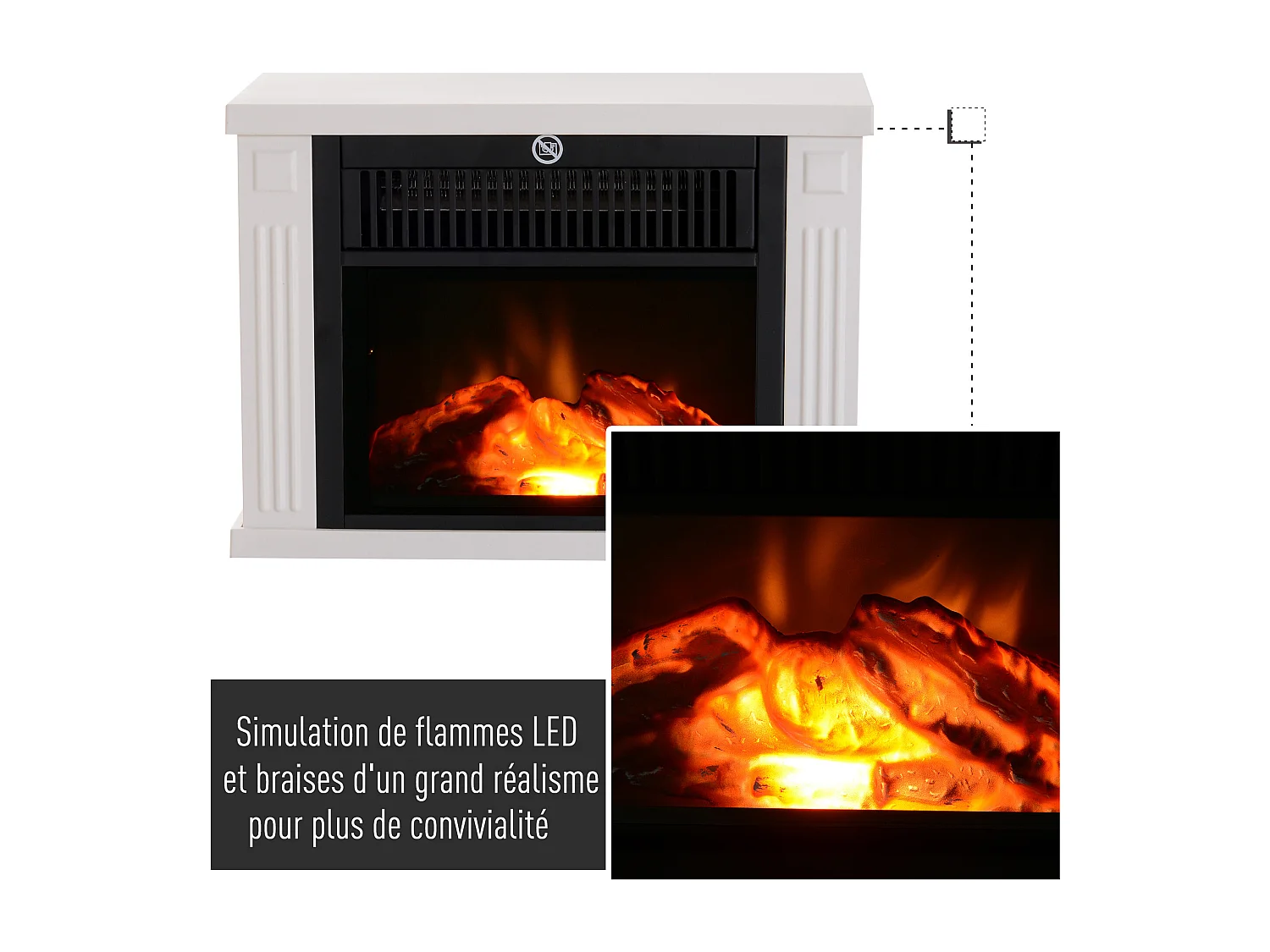 Cheminée électrique poêle style contemporain thermostat 600-1200 W blanc