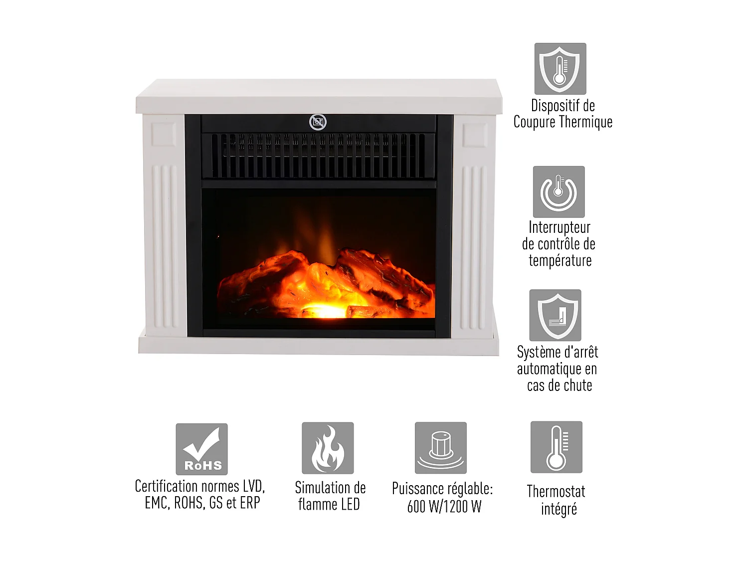 Cheminée électrique poêle style contemporain thermostat 600-1200 W blanc
