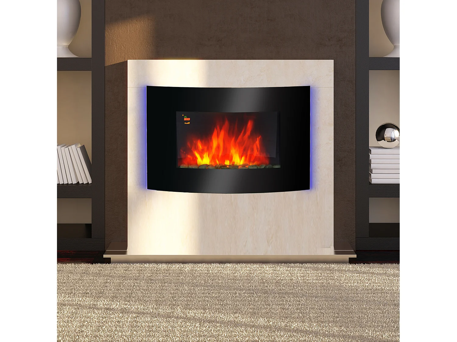 Cheminée électrique murale éclairages latéraux LED design avant-gardiste affichage LED avec télécommande et minuterie 1000/2000 W luminosité réglable noir