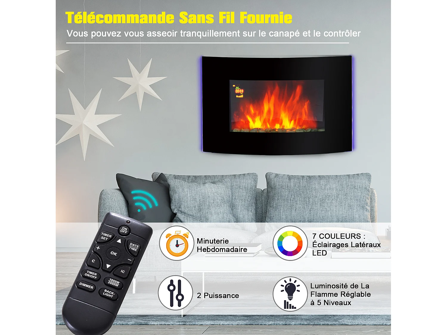 Cheminée électrique murale éclairages latéraux LED design avant-gardiste affichage LED avec télécommande et minuterie 1000/2000 W luminosité réglable noir