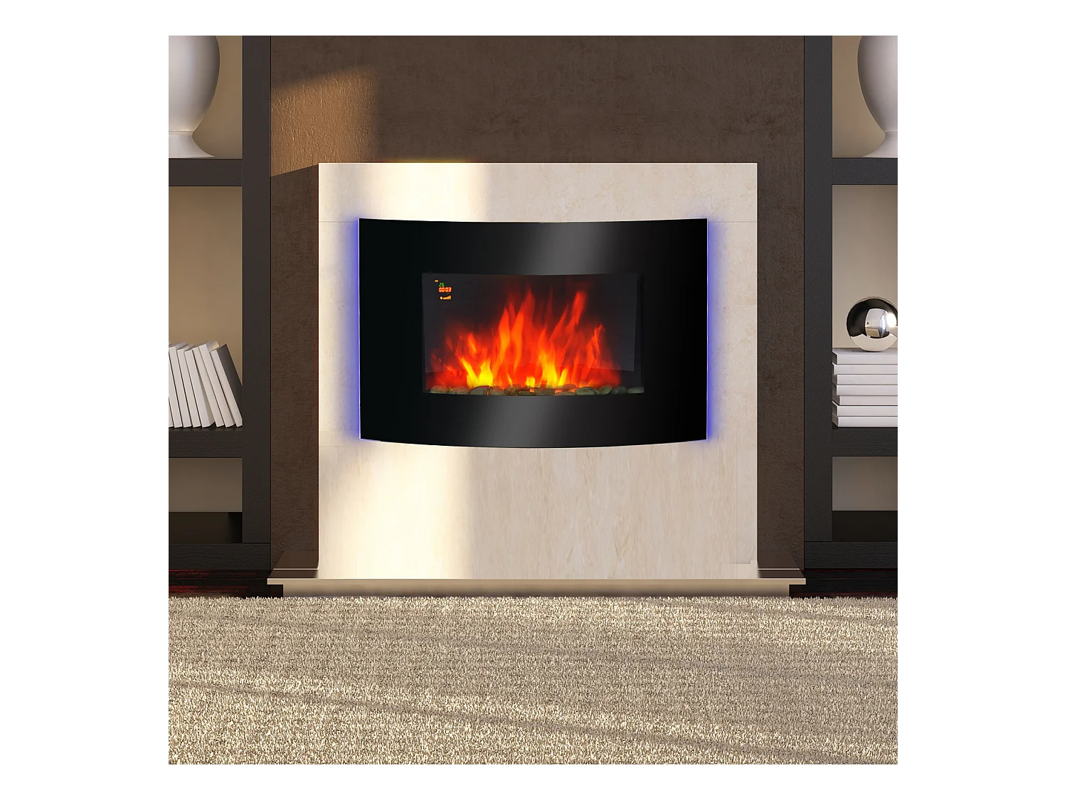 Cheminée électrique murale éclairages latéraux LED design avant-gardiste affichage LED avec télécommande et minuterie 1000/2000 W luminosité réglable noir
