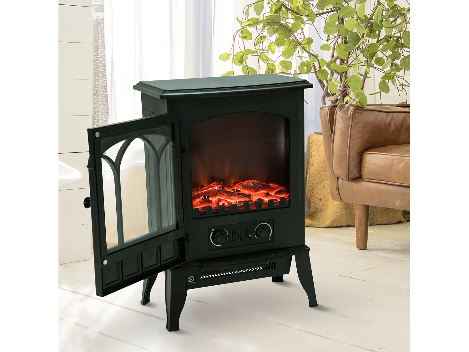 Cheminée électrique poêle style rétro 1000-2000 W simulation flammes LED porte noir