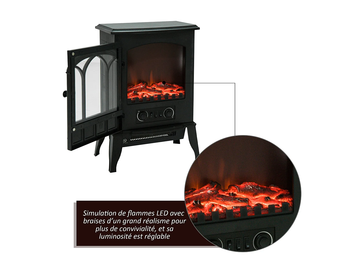 Cheminée électrique poêle style rétro 1000-2000 W simulation flammes LED porte noir