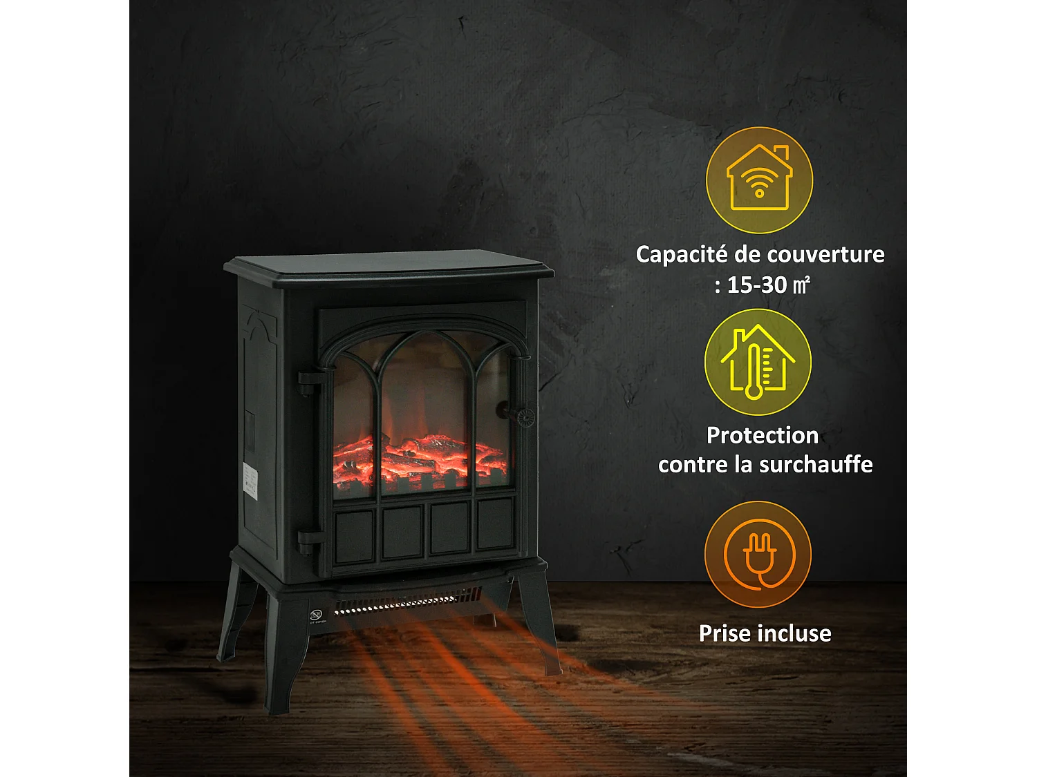 Cheminée électrique poêle style rétro 1000-2000 W simulation flammes LED porte noir