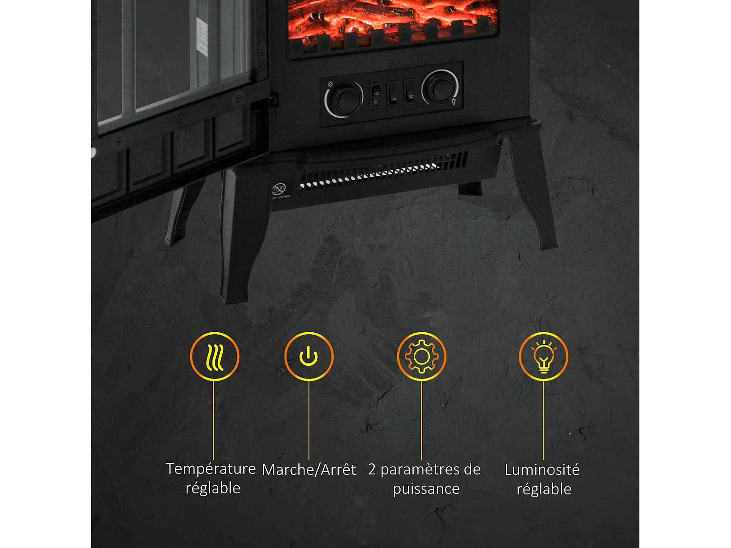 Cheminée électrique poêle style rétro 1000-2000 W simulation flammes LED porte noir