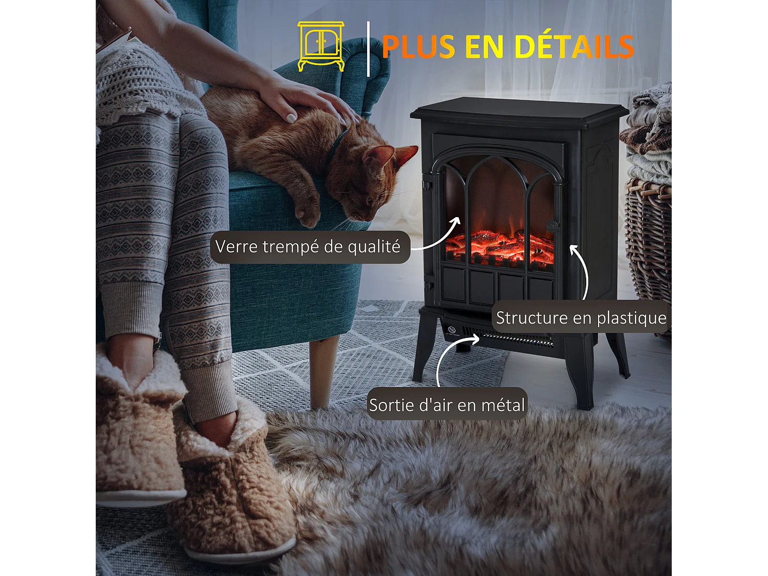 Cheminée électrique poêle style rétro 1000-2000 W simulation flammes LED porte noir