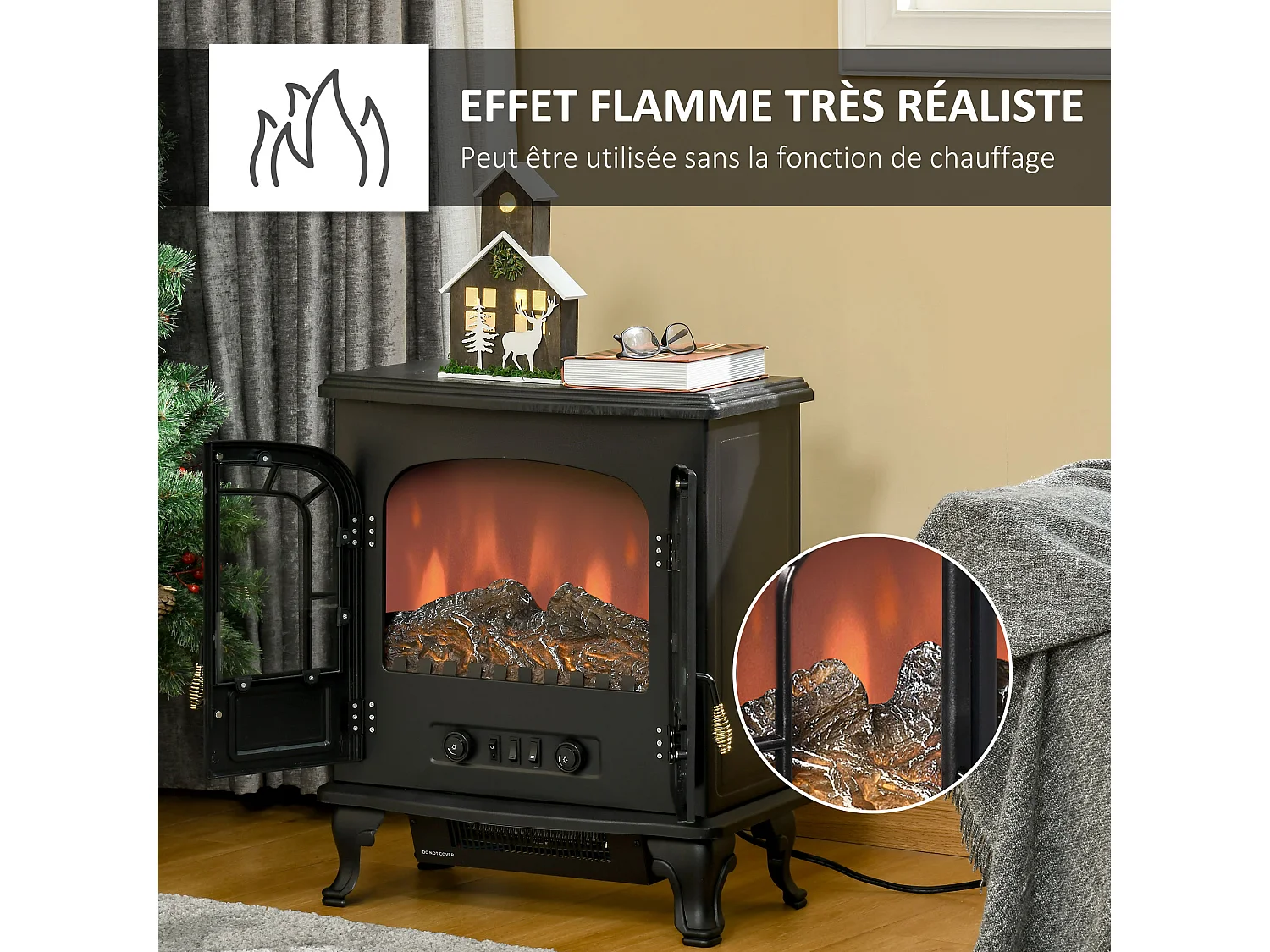 Cheminée électrique poêle style néo-rétro 2 portes verre trempé 1000/2000 W LED luminosité réglable acier ABS noir