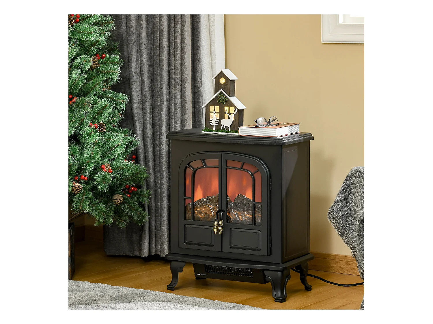 Cheminée électrique poêle style néo-rétro 2 portes verre trempé 1000/2000 W LED luminosité réglable acier ABS noir