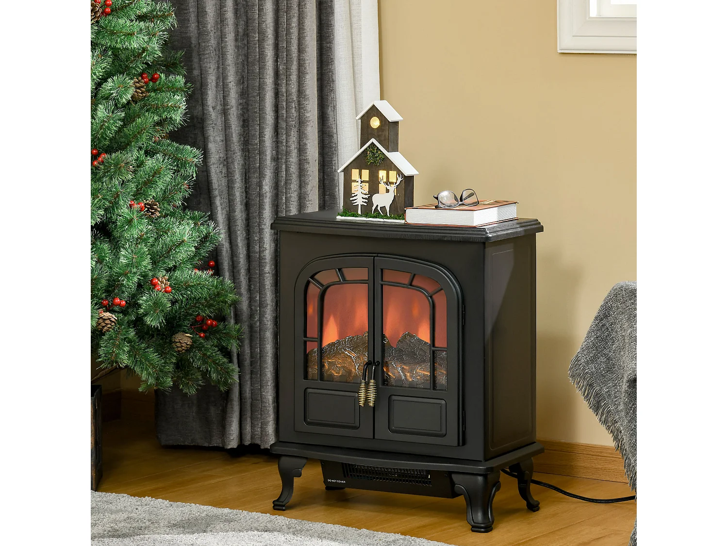 Cheminée électrique poêle style néo-rétro 2 portes verre trempé 1000/2000 W LED luminosité réglable acier ABS noir