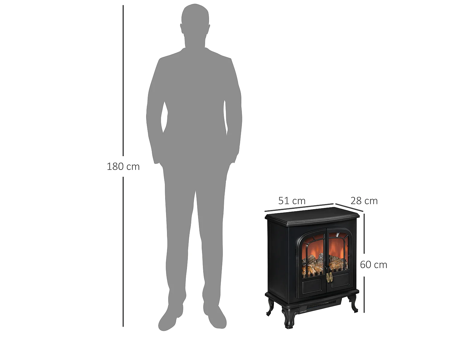 Cheminée électrique poêle style néo-rétro 2 portes verre trempé 1000/2000 W LED luminosité réglable acier ABS noir