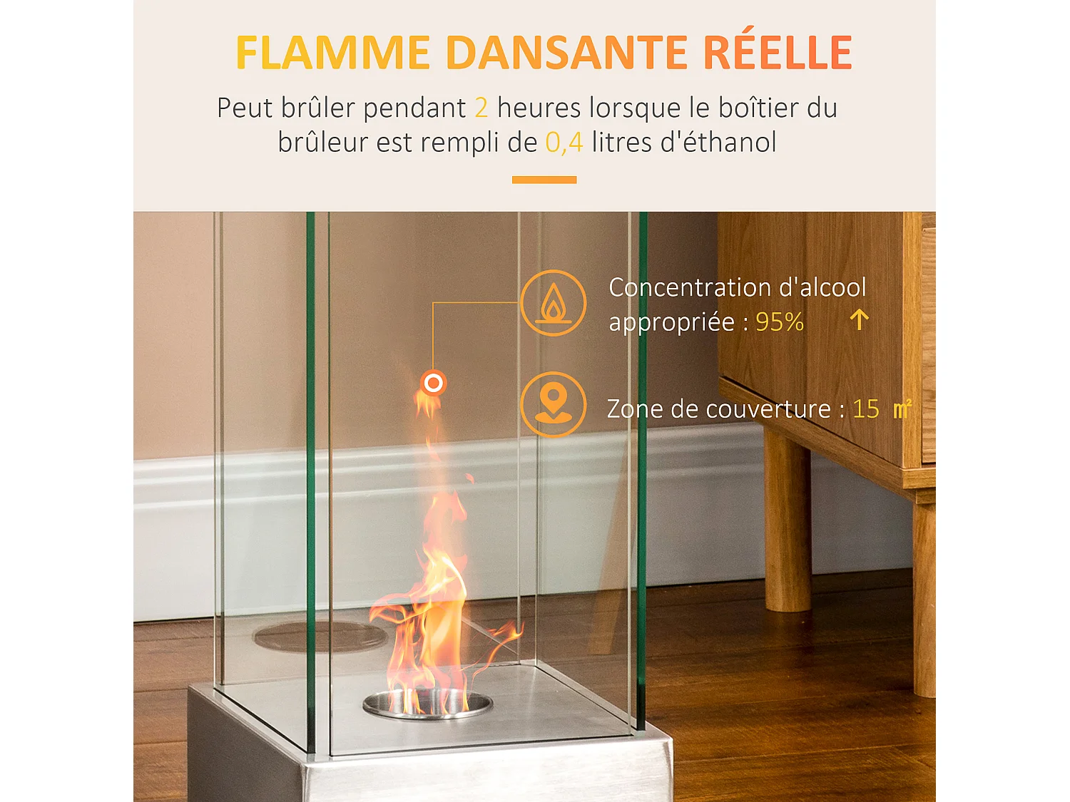 Cheminée portable à poser bioéthanol avec réservoir 0,4 L couverture 15 m²  - dim. 25L x 25l x 60H cm