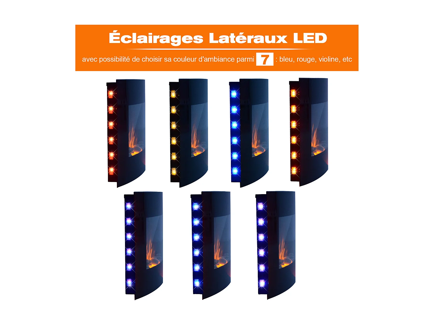 Cheminée électrique murale éclairages latéraux LED design avant-gardiste affichage LED avec télécommande et minuterie 900/1800 W luminosité réglable noir