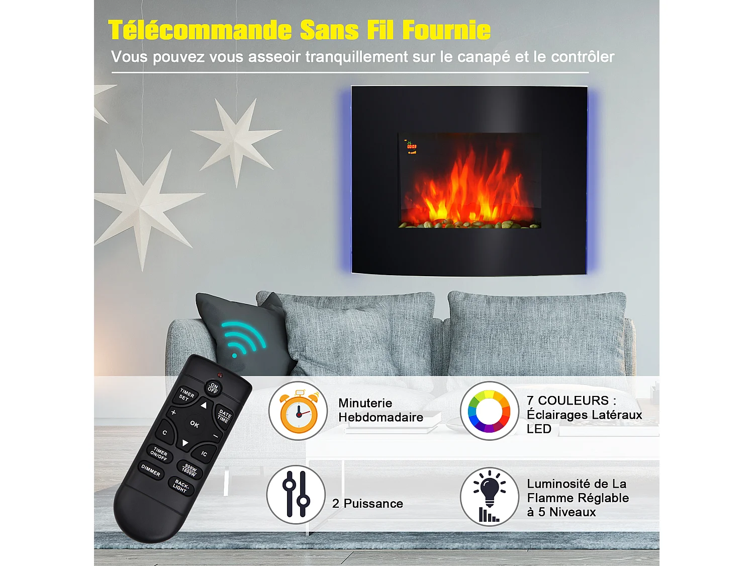 Cheminée électrique murale éclairages latéraux LED design avant-gardiste affichage LED avec télécommande et minuterie 900/1800 W luminosité réglable noir