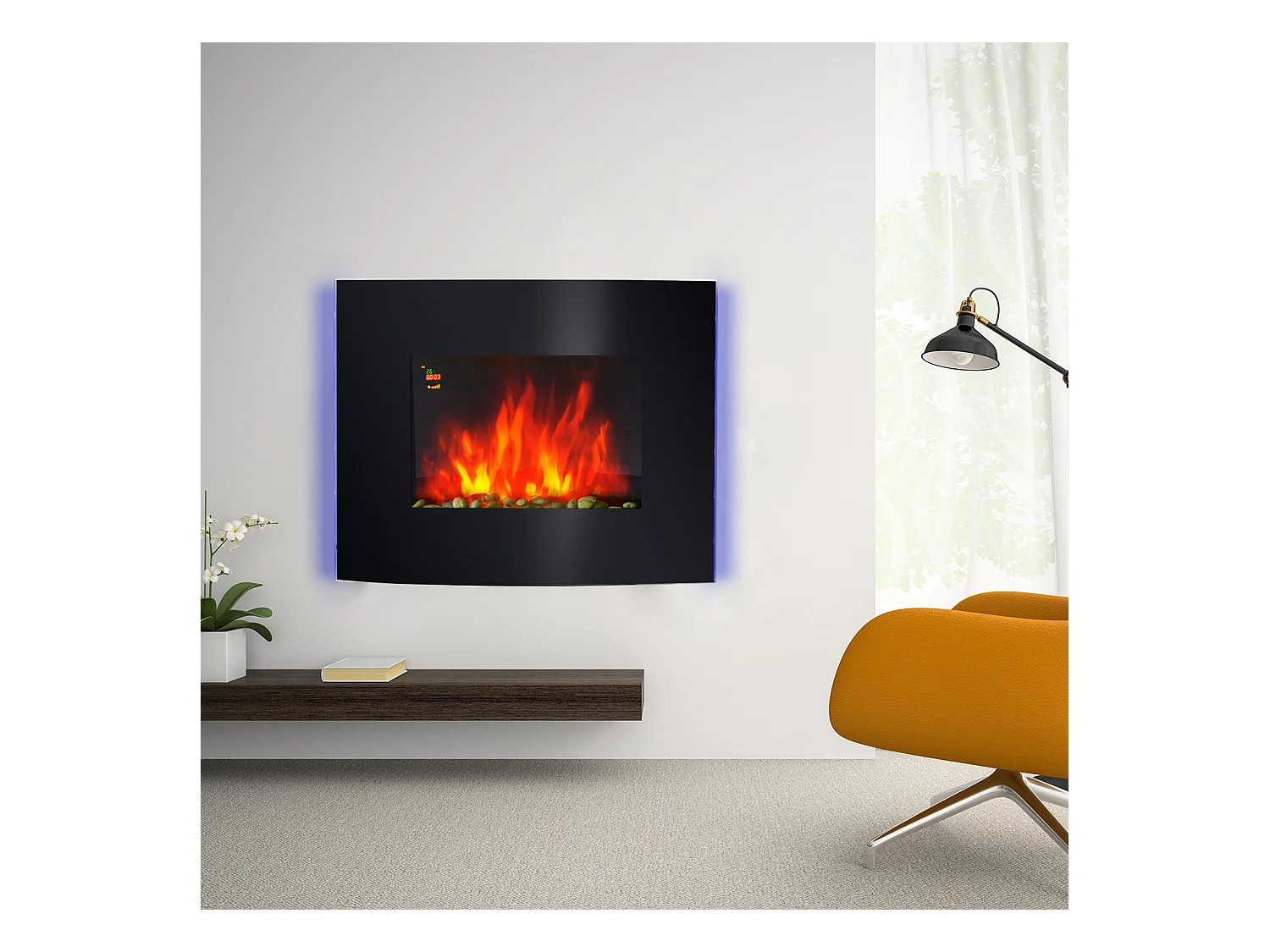 Cheminée électrique murale éclairages latéraux LED design avant-gardiste affichage LED avec télécommande et minuterie 900/1800 W luminosité réglable noir