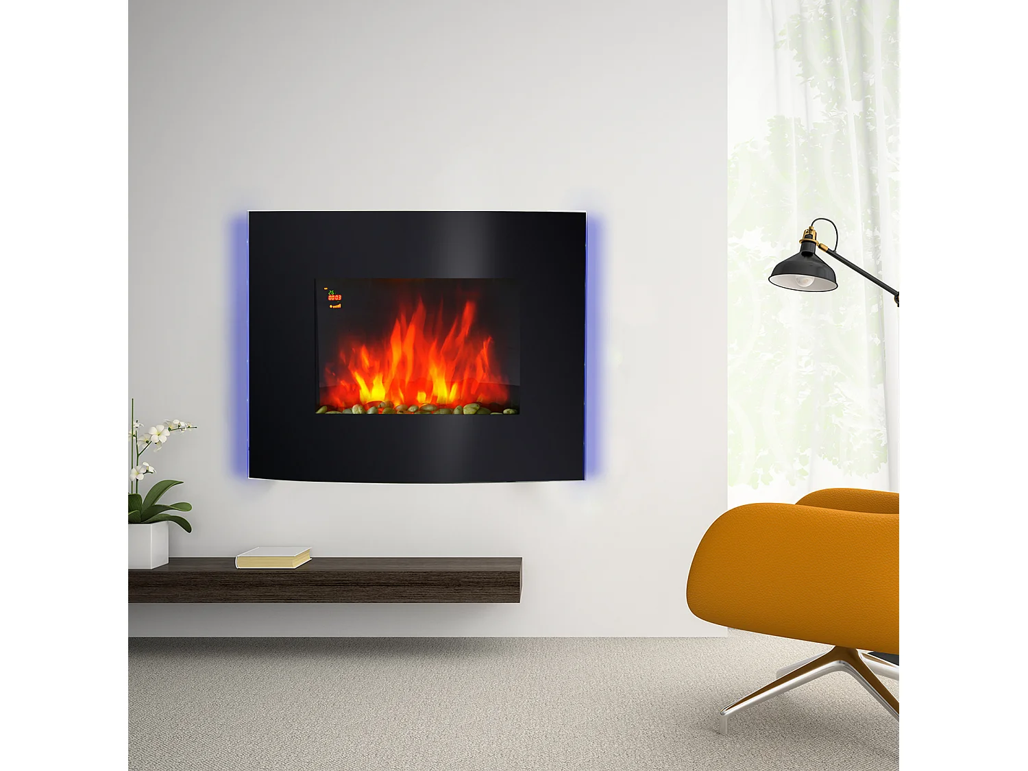 Cheminée électrique murale éclairages latéraux LED design avant-gardiste affichage LED avec télécommande et minuterie 900/1800 W luminosité réglable noir