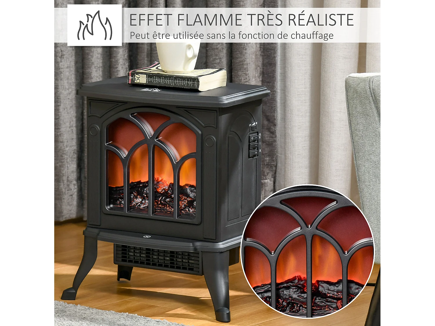 Cheminée électrique poêle style rétro thermostat 750-1500 W noir