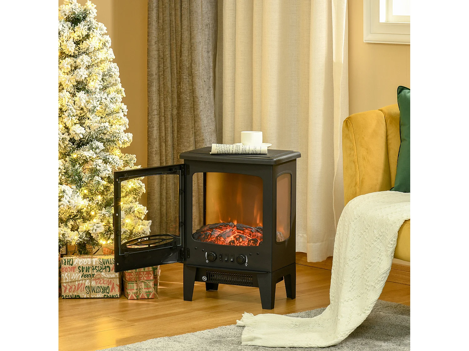 Cheminée électrique poêle style néo-rétro 1000-2000 W simulation flammes LED luminosité réglable acier ABS noir