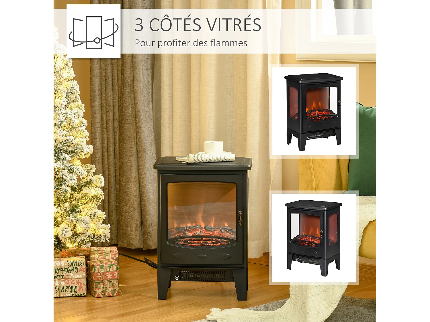 Cheminée électrique poêle style néo-rétro 1000-2000 W simulation flammes LED luminosité réglable acier ABS noir