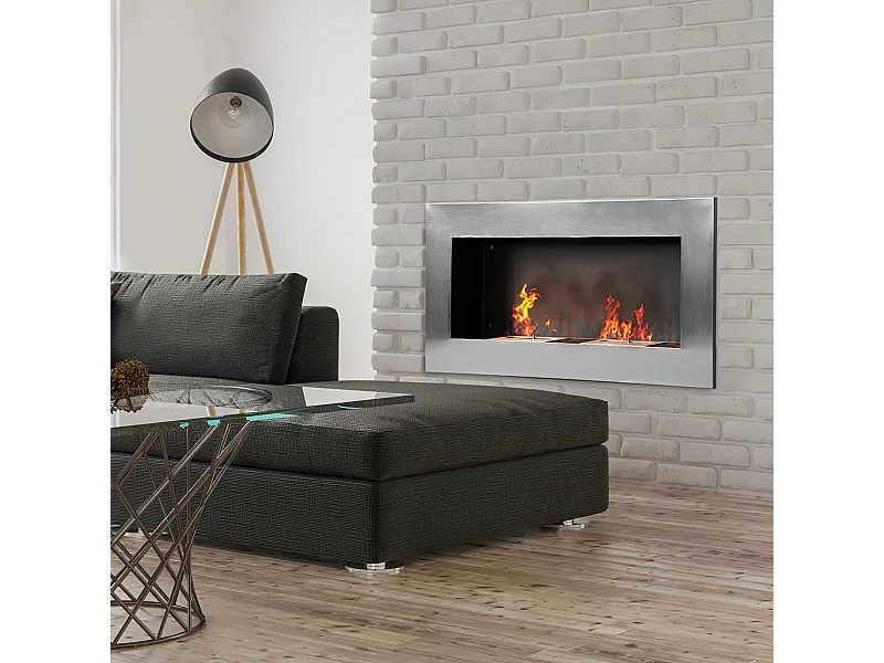 Cheminée bioéthanol murale design Bauhaus double brûleur 3 L 110L x 14l x 54H cm couverture 25-30 m² acier inox. brossé
