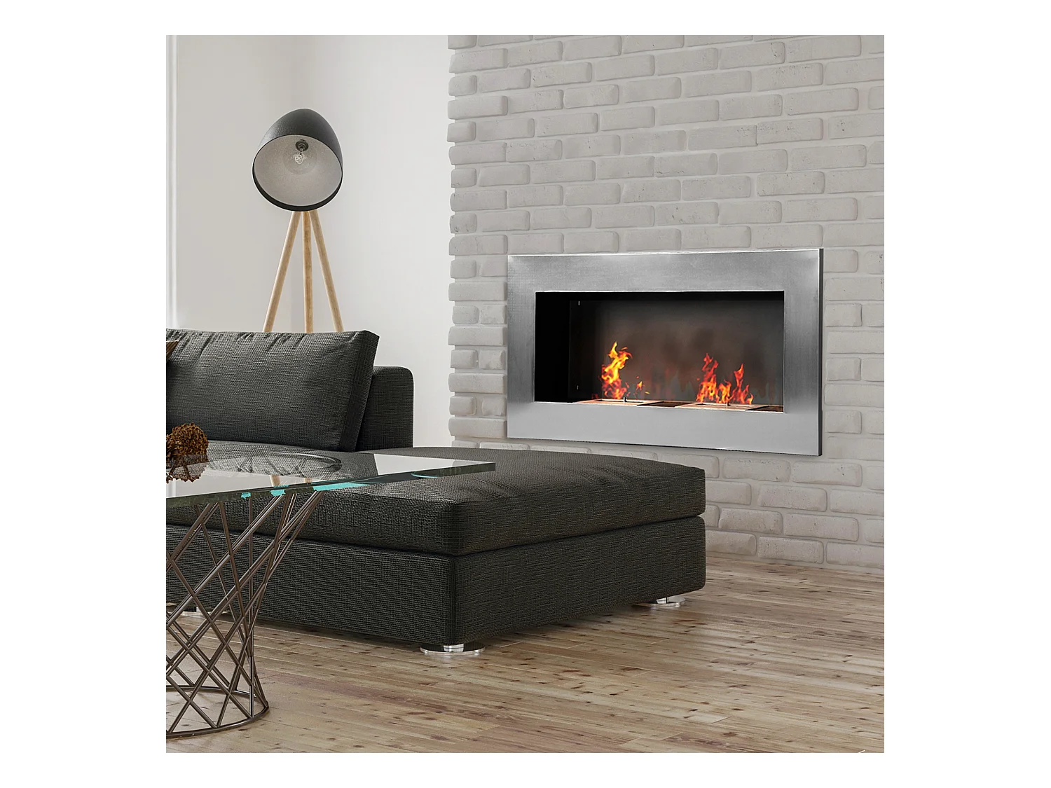 Cheminée bioéthanol murale design Bauhaus double brûleur 3 L 110L x 14l x 54H cm couverture 25-30 m² acier inox. brossé