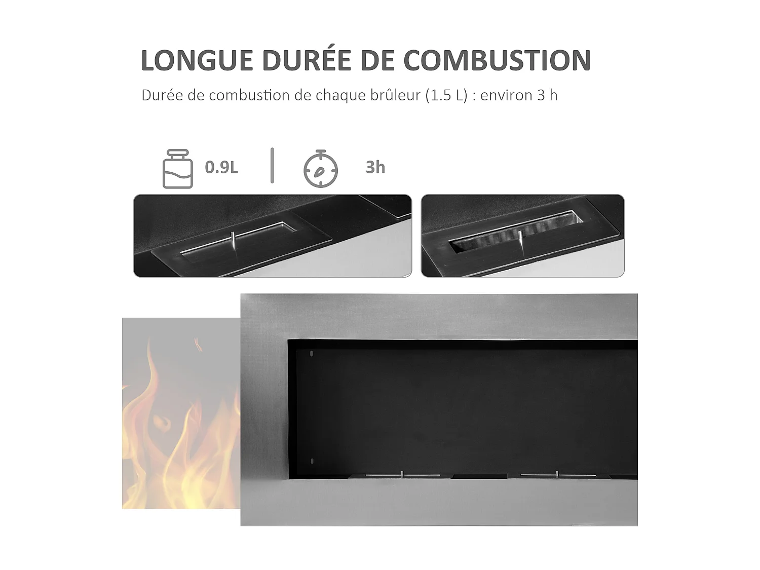 Cheminée bioéthanol murale design Bauhaus double brûleur 3 L 110L x 14l x 54H cm couverture 25-30 m² acier inox. brossé