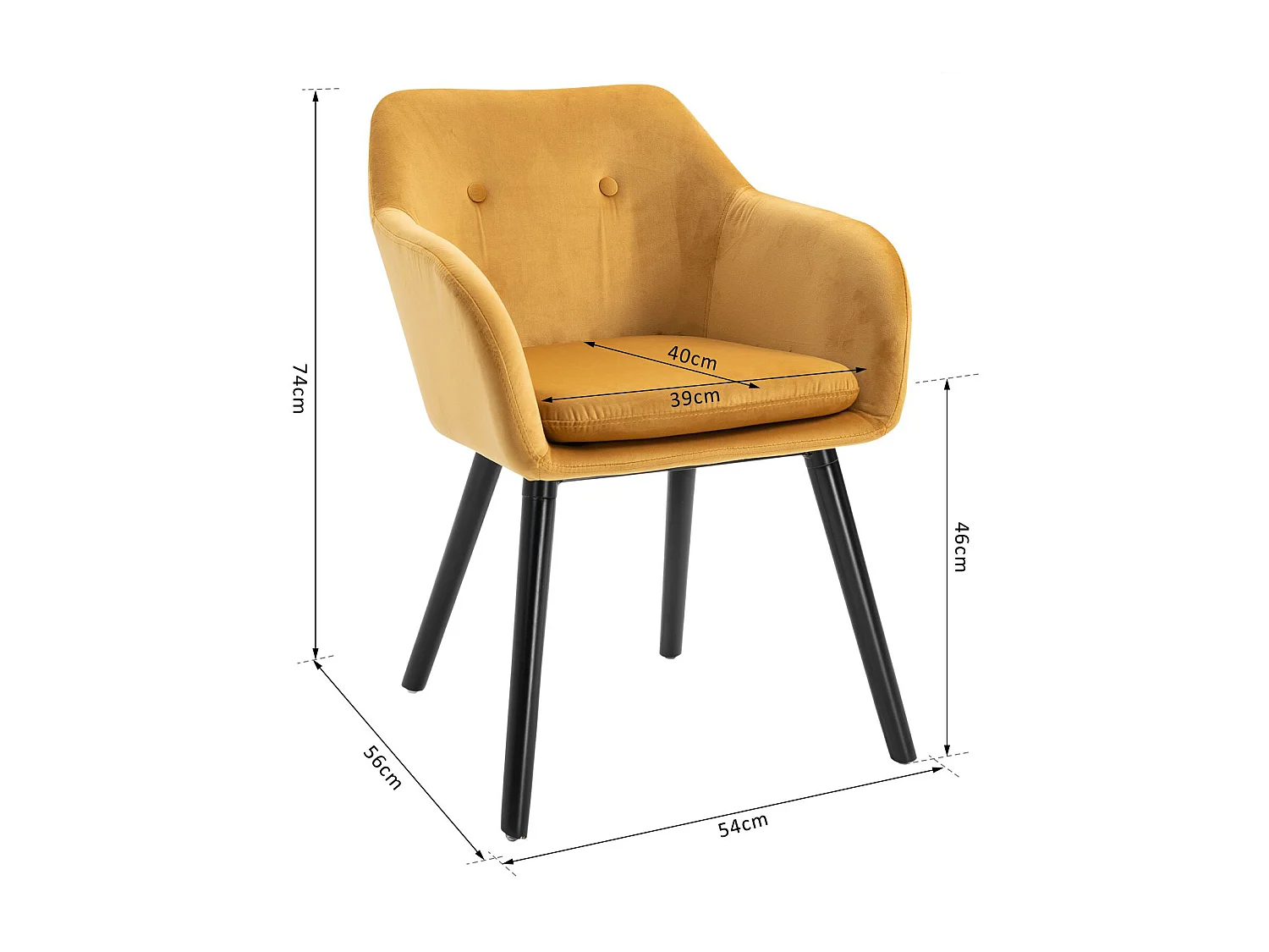 Chaises de visiteur design scandinave - lot de 2 chaises - pieds effilés bois noir - assise dossier accoudoirs ergonomiques velours moutarde