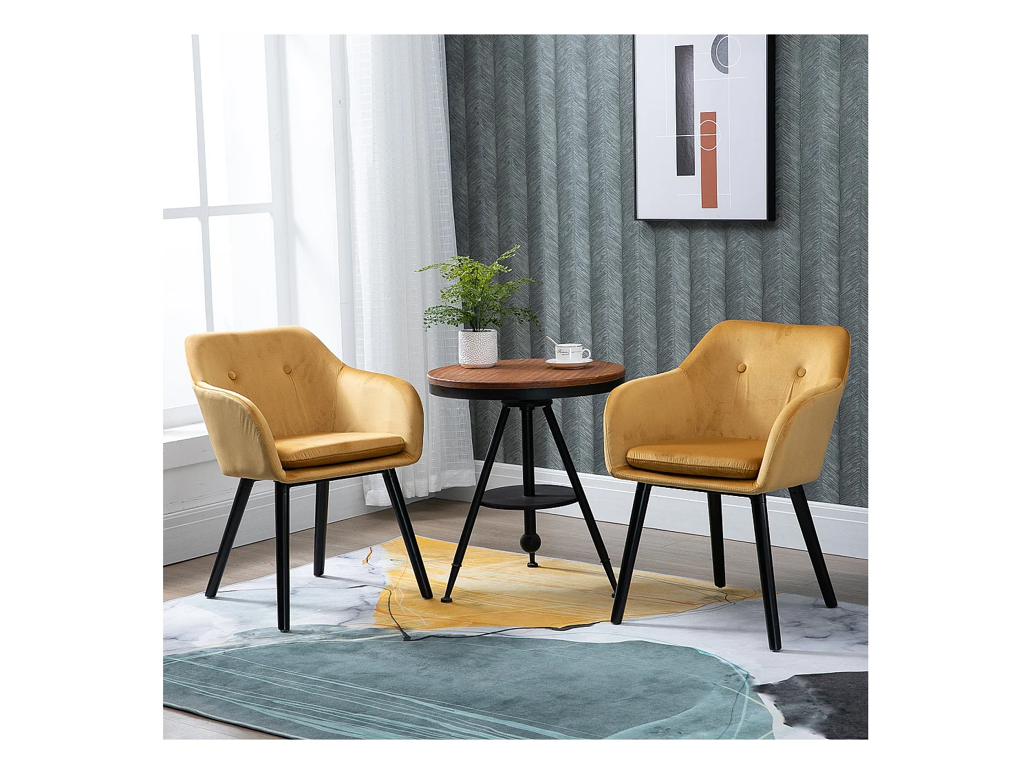 Chaises de visiteur design scandinave - lot de 2 chaises - pieds effilés bois noir - assise dossier accoudoirs ergonomiques velours moutarde