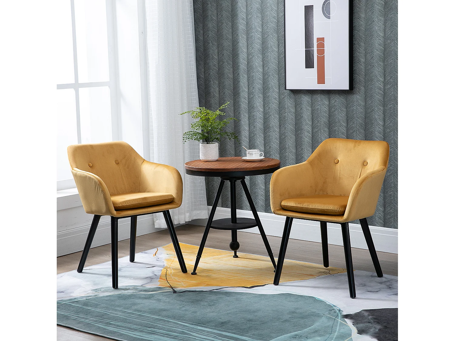 Chaises de visiteur design scandinave - lot de 2 chaises - pieds effilés bois noir - assise dossier accoudoirs ergonomiques velours moutarde